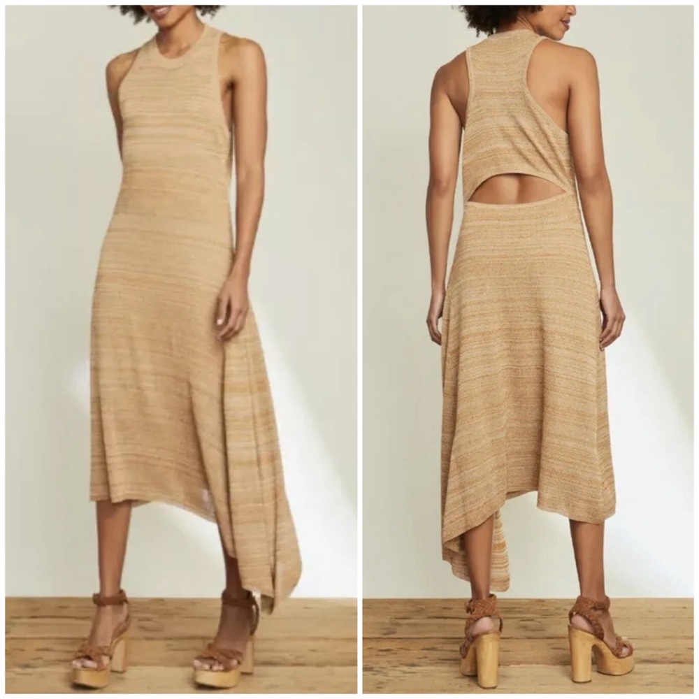 NWT Veronica Beard Raeena Knit Tan/Gold Asymmetrical Cutout Midi Dress Medium